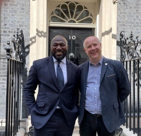 Festus Akinbusoye PCC for Bedfordshire abd Stephen Mold PCC for Northamptonshire pictured wearing suits outside No10 Downing Street